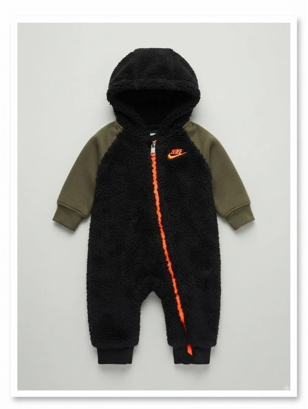 Nike Baby Black & Olive Green Sherpa Fleece Full-Zip Coverall / Romper Size 3M